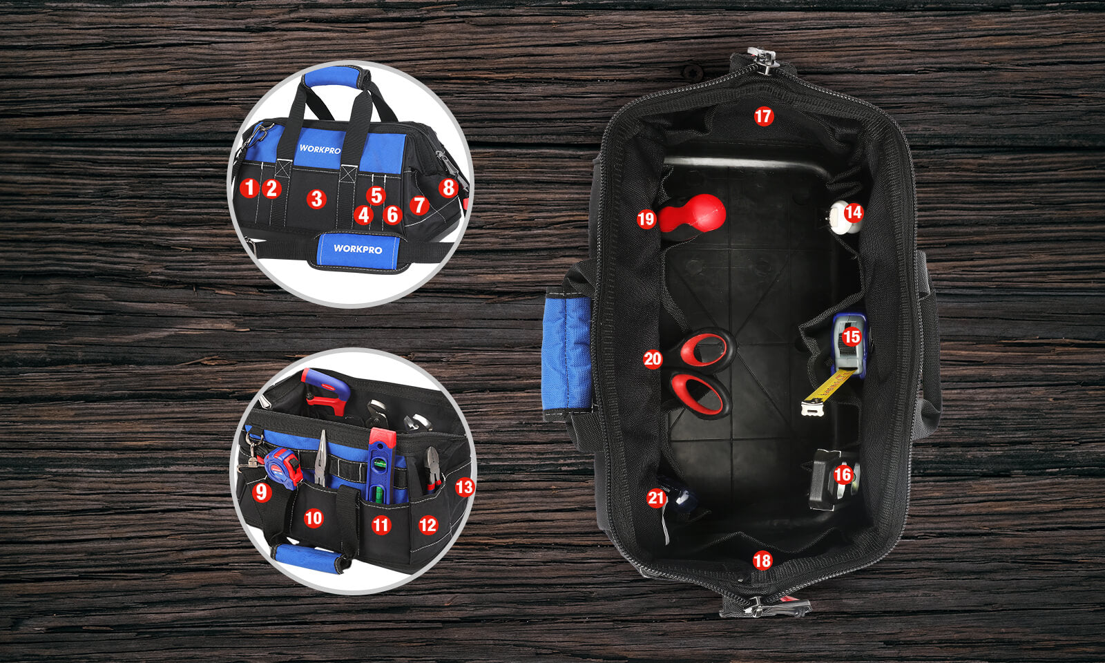 Tool bag with numbered compartments, showing innovation and quality features, with red and blue tools on wood