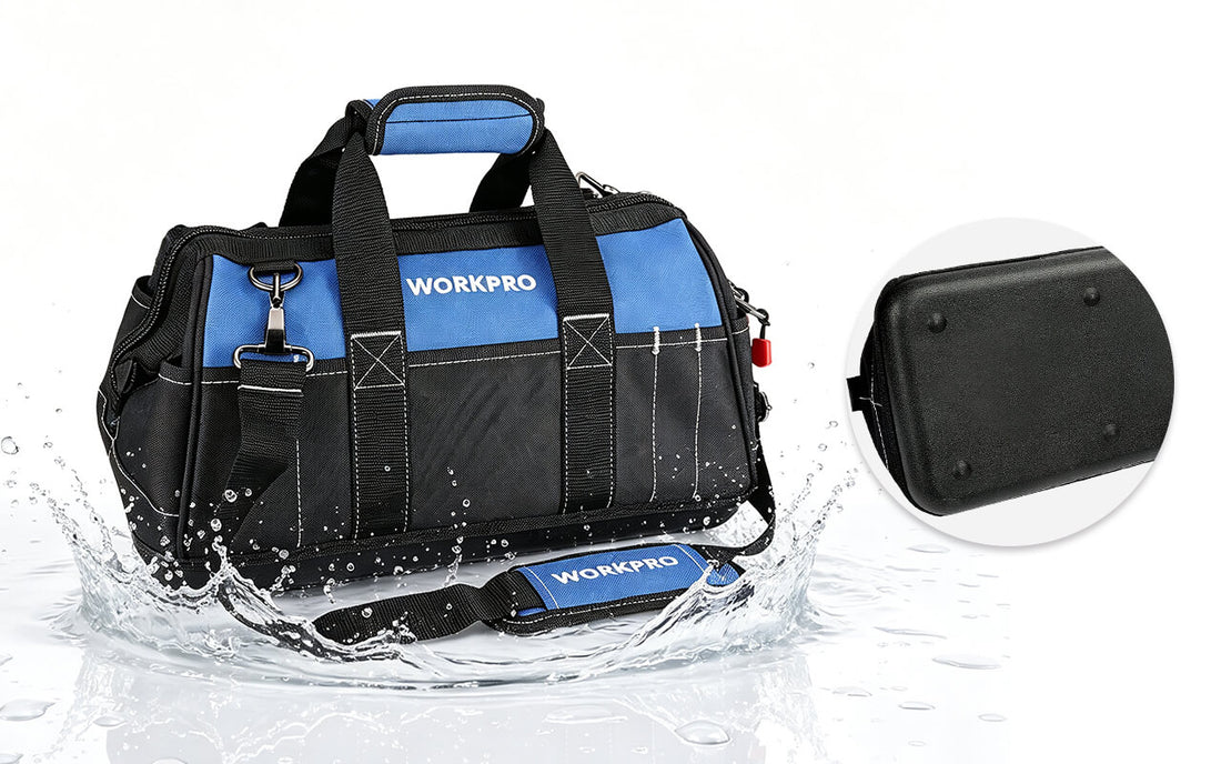 Tool bag with WORKPRO logo in blue and black fabric, shown with water splash and a durable case