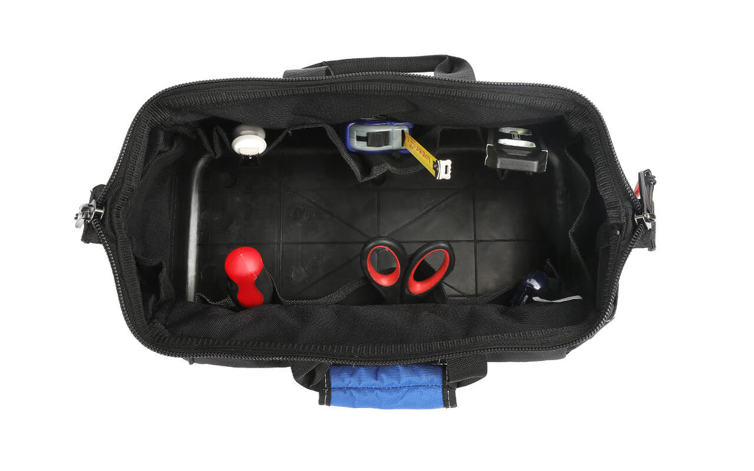 Black tool pouch open to show compartments with scissors, red handle, and small tools inside for secure storage