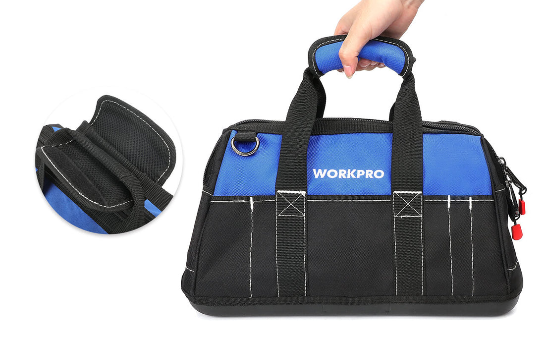 Tool bag with blue and black fabric, WORKPRO label, reinforced pockets, and a hand holding the handle