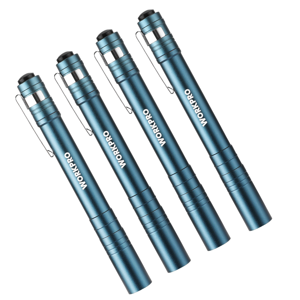 WORKPRO LED pen light 4 pack in blue anodized machined aviation aluminum with innovation, quality, secure clip