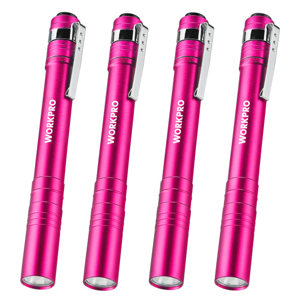 WORKPRO Pink LED Aluminum Pen Light, Pocket Flashlight with Clip, 8AAA Batteries Include (4-Pack) - Pink Ribbon