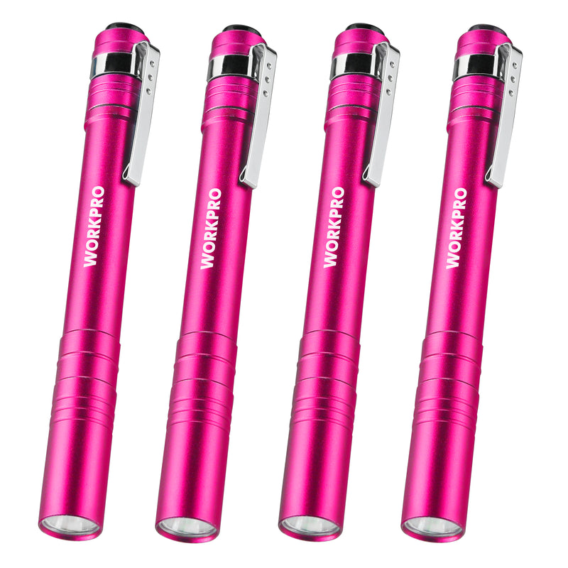 WORKPRO Pink LED Aluminum Pen Light, Pocket Flashlight with Clip, 8AAA Batteries Include (4-Pack) - Pink Ribbon