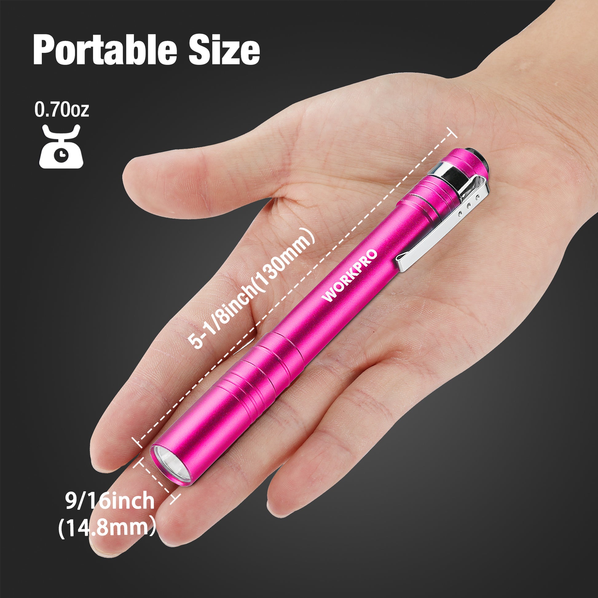 Pink pocket flashlight held in hand, small cylindrical LED light with metal clip