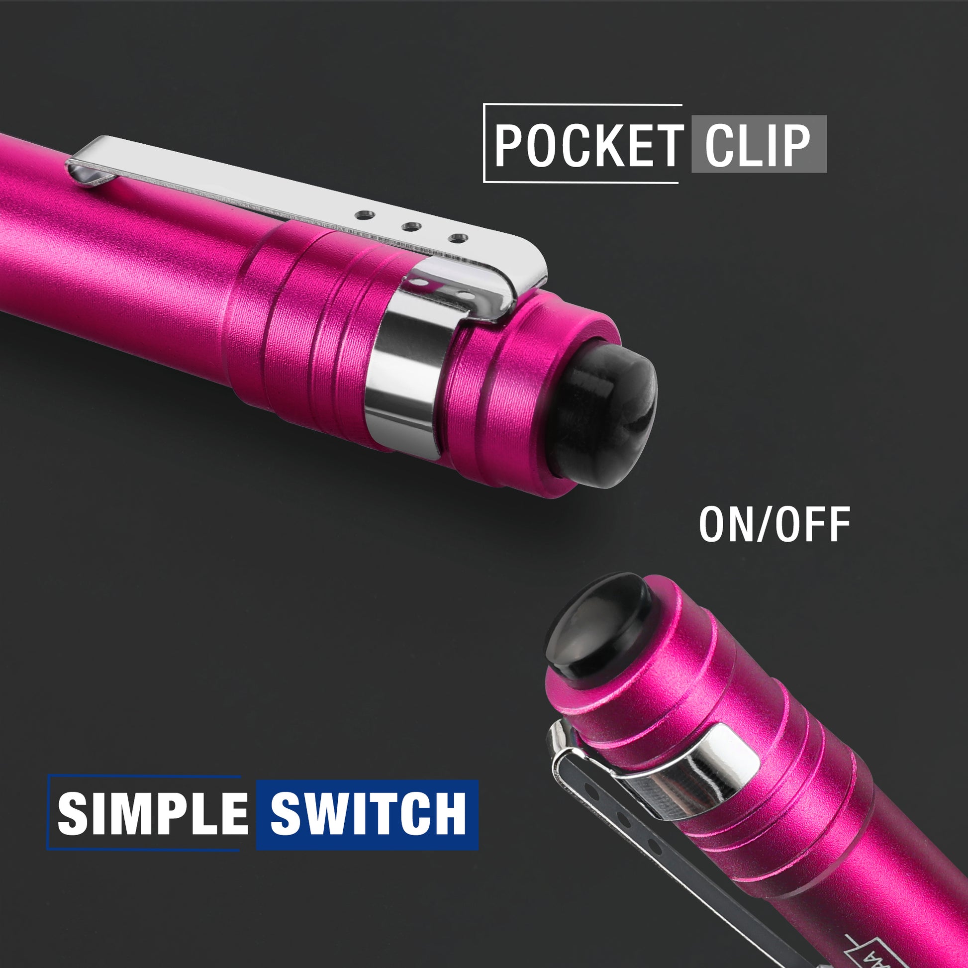 Pink pocket flashlight with front LED lens and metal pocket clip, switch on handle