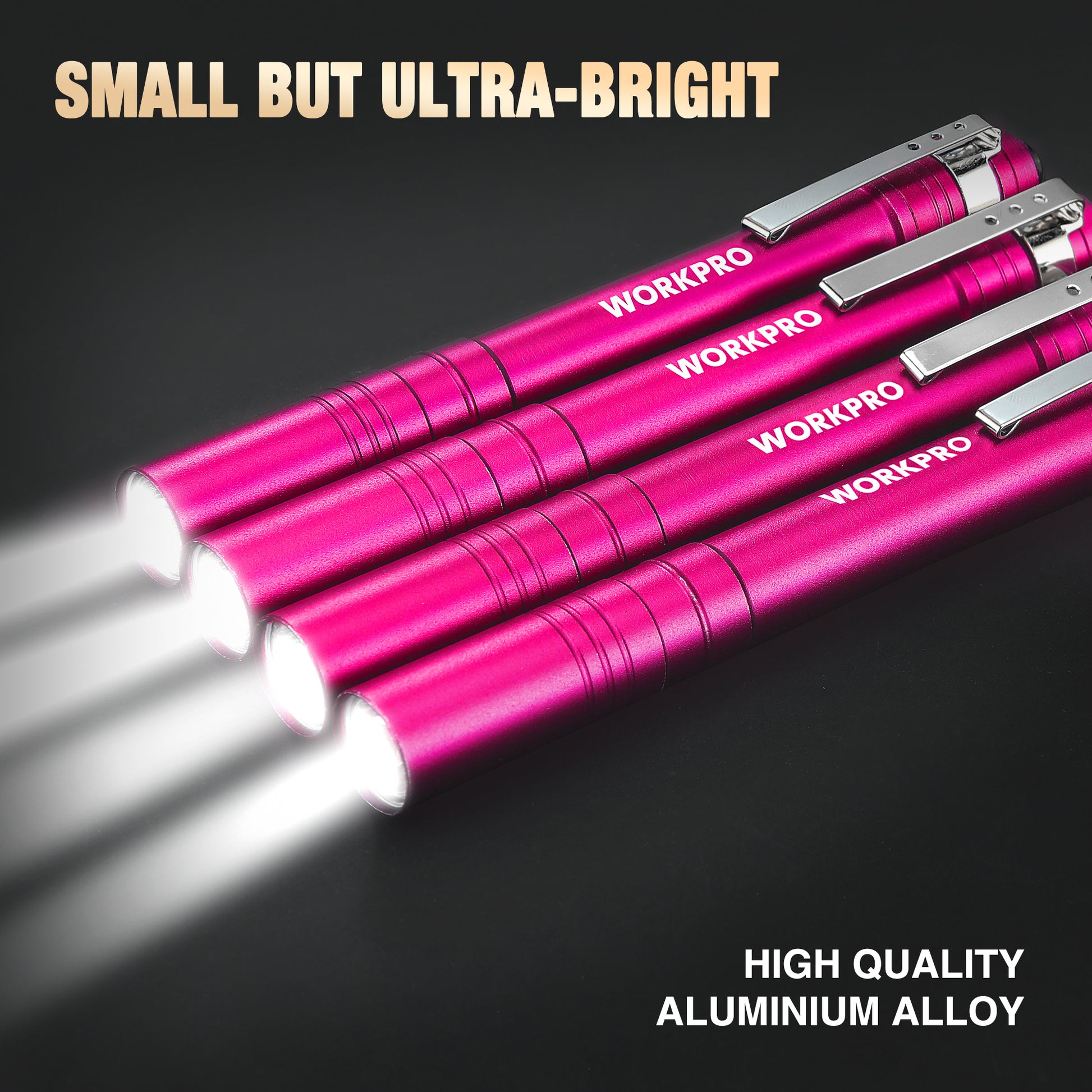Pink pocket flashlight shining a bright LED beam, compact aluminum body with clip