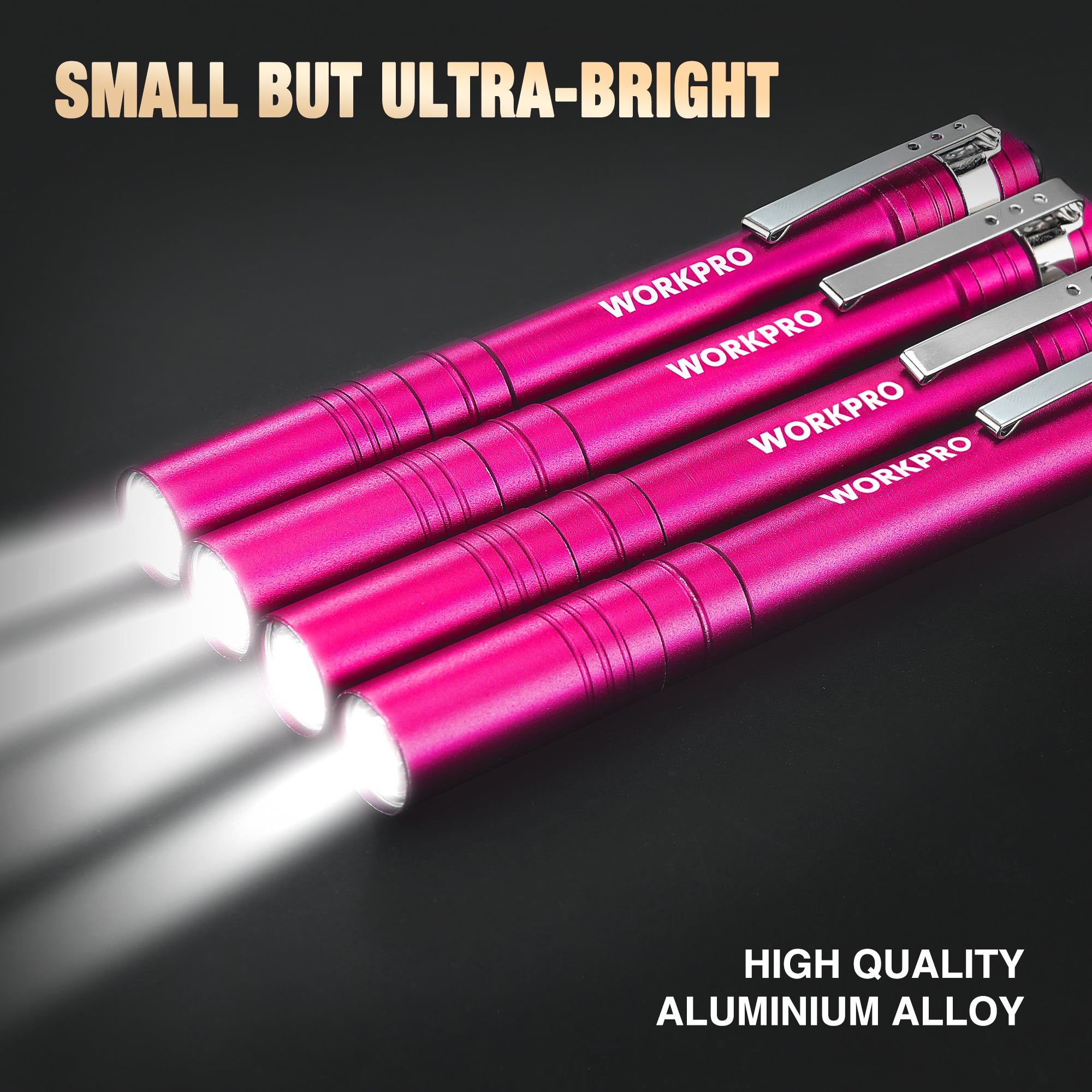 Pink pocket flashlight shining a bright LED beam, compact aluminum body with clip