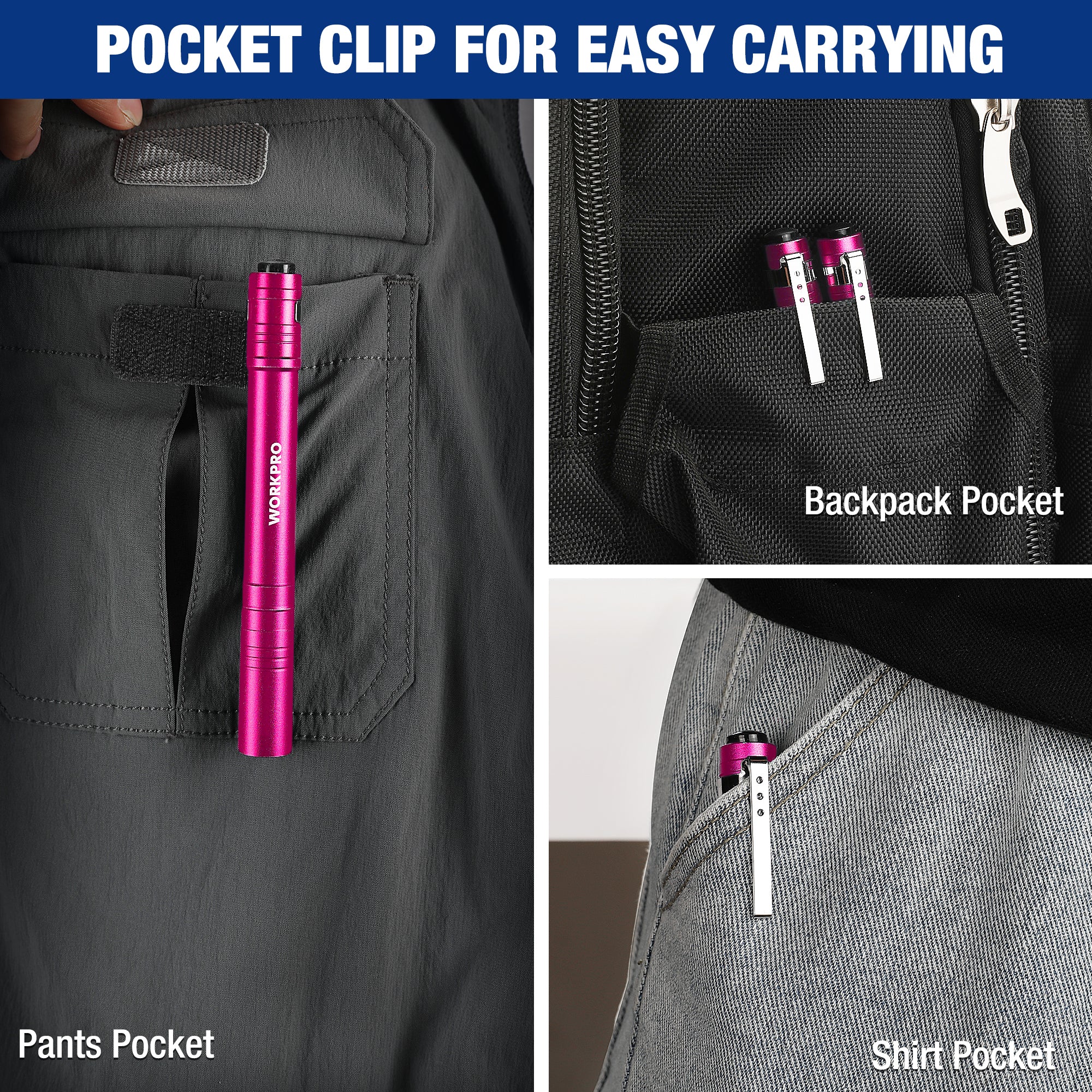 Pink pocket flashlight with metal clip, shown clipped in pants and shirt pockets