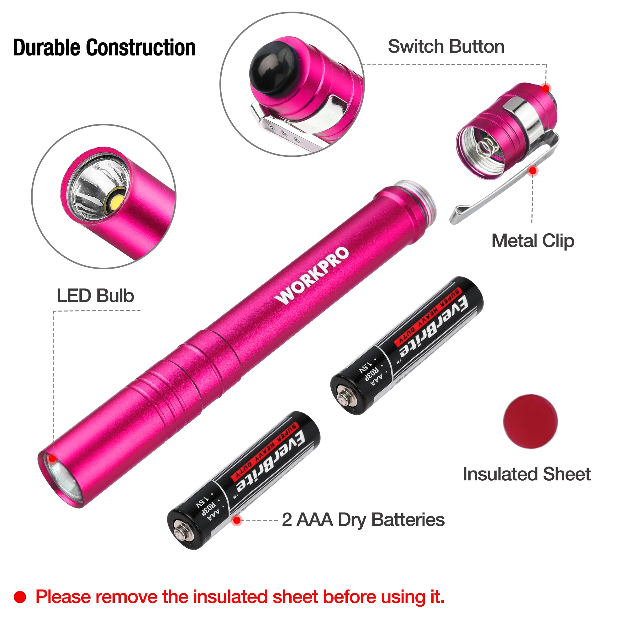 Pink LED pocket flashlight with switch button, metal clip, and AAA batteries included