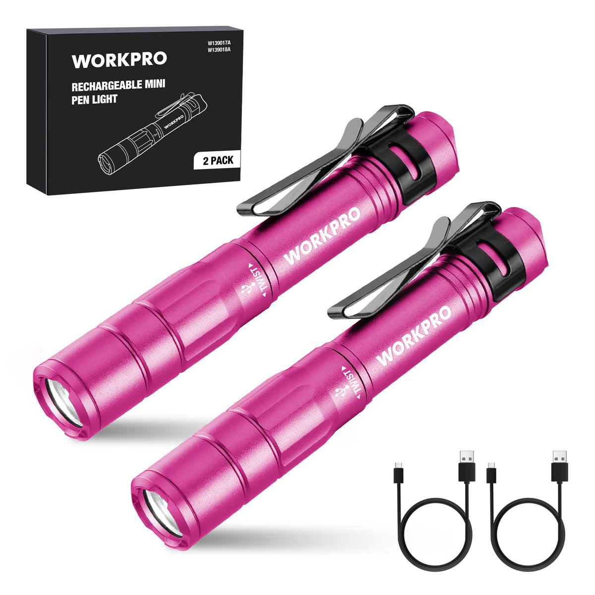 Pink rechargeable mini pen lights with clip, 2-pack, USB-C charging cables