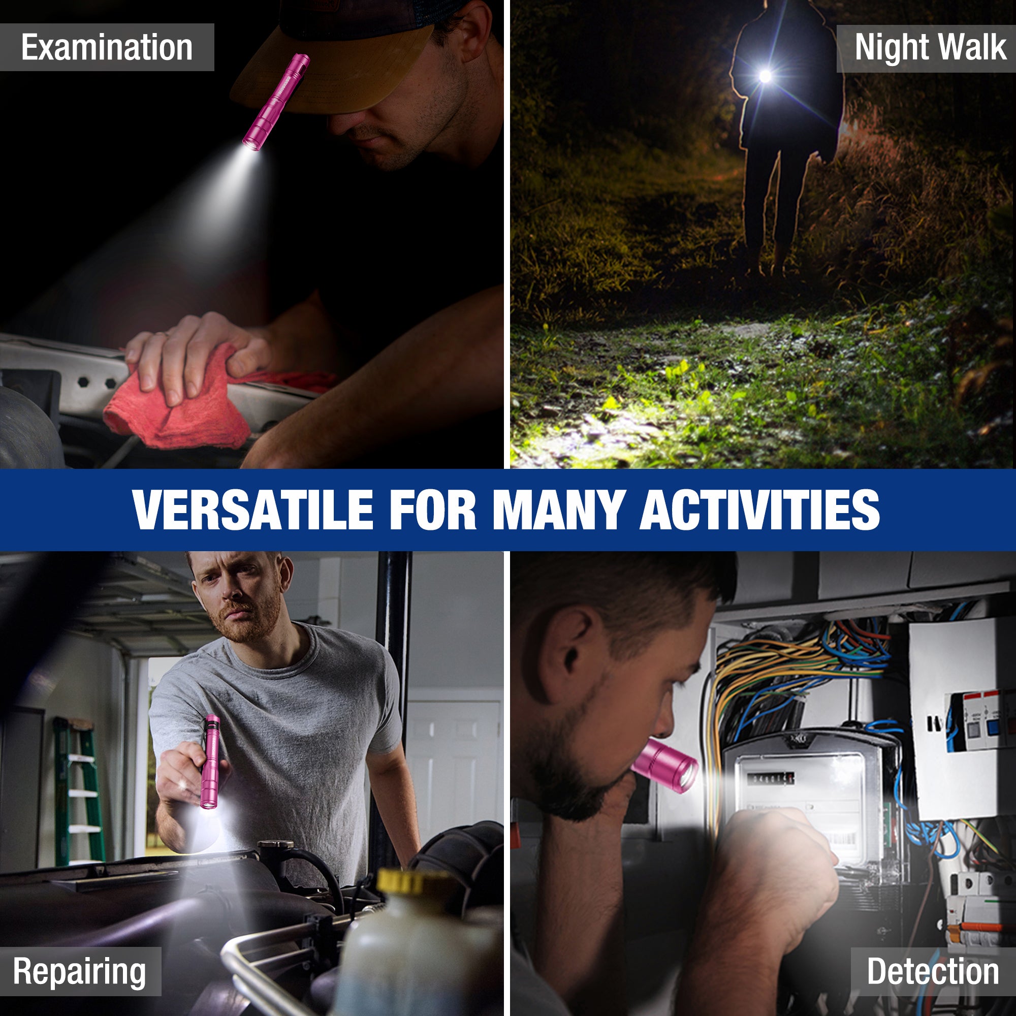 Pink rechargeable pen light used for night walking, repairs, and detection tasks