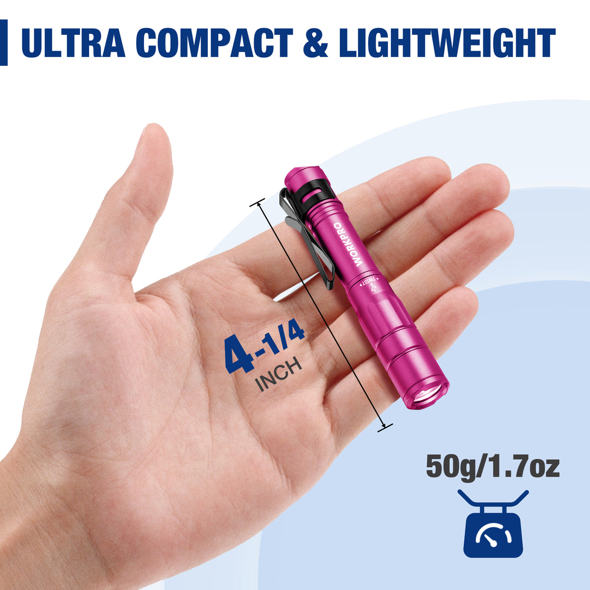 Pink mini rechargeable pen light held in hand, compact flashlight with clip