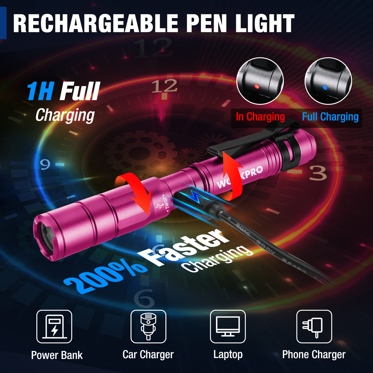 Pink rechargeable pen light with clip, showing charging and full indicators