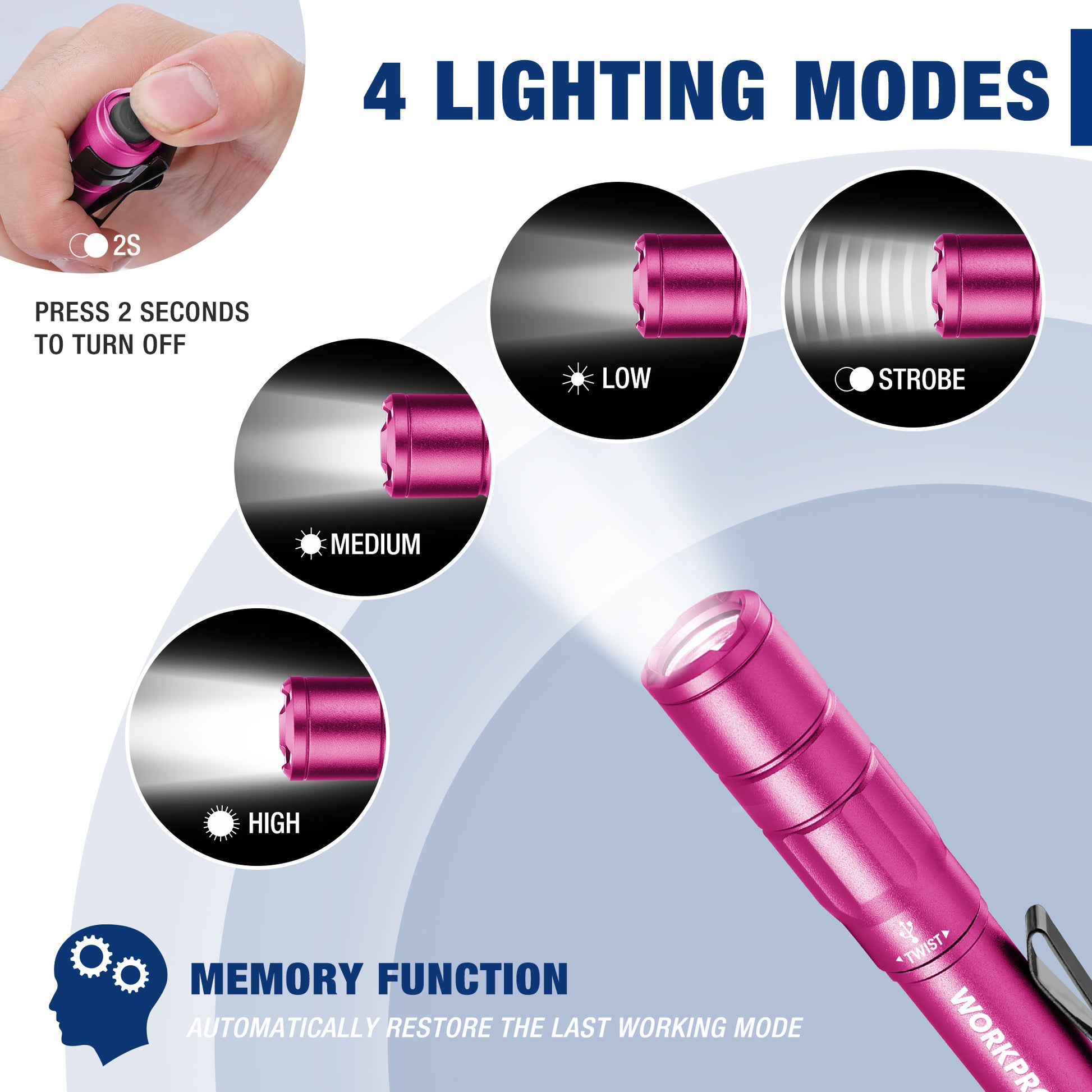 Pink rechargeable pen light with multiple lighting modes, compact flashlight