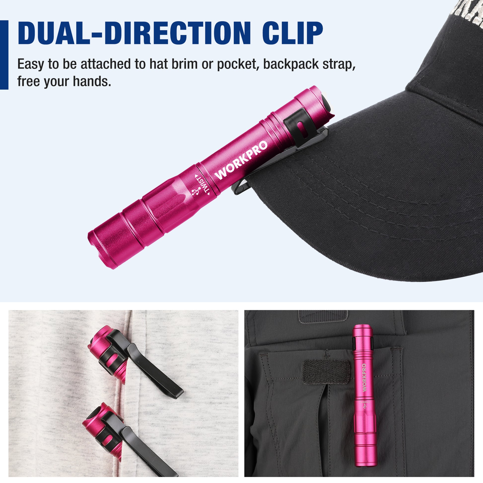 Pink mini pen light with dual-direction pocket clip, shown on cap and bag strap