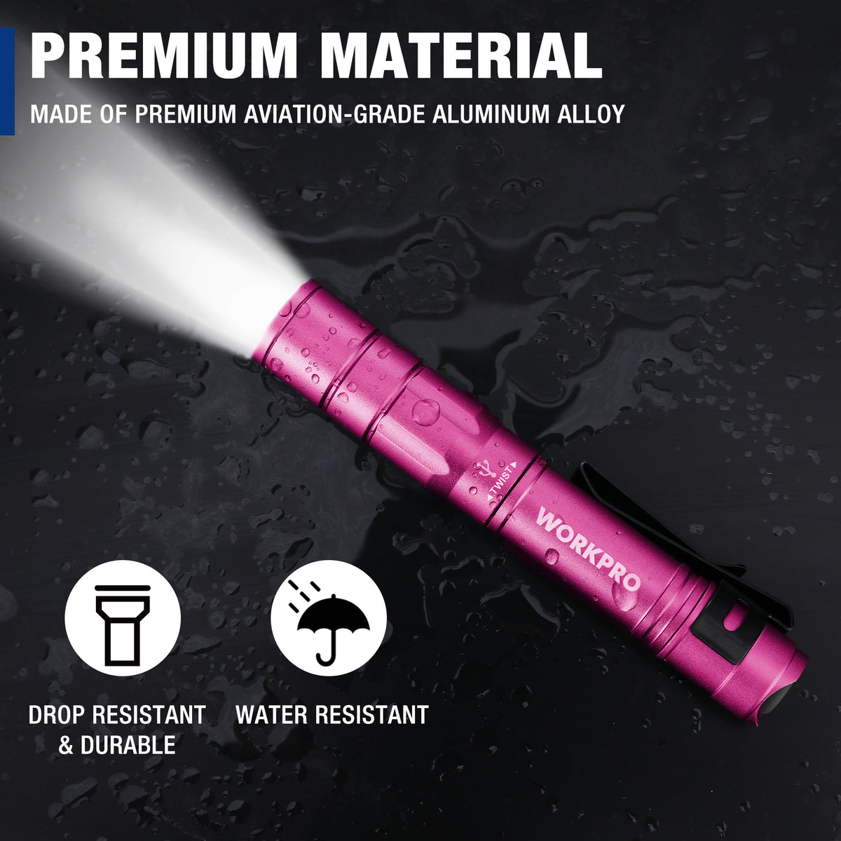 Pink aluminum rechargeable pen light with bright beam, drop resistant and water resistant