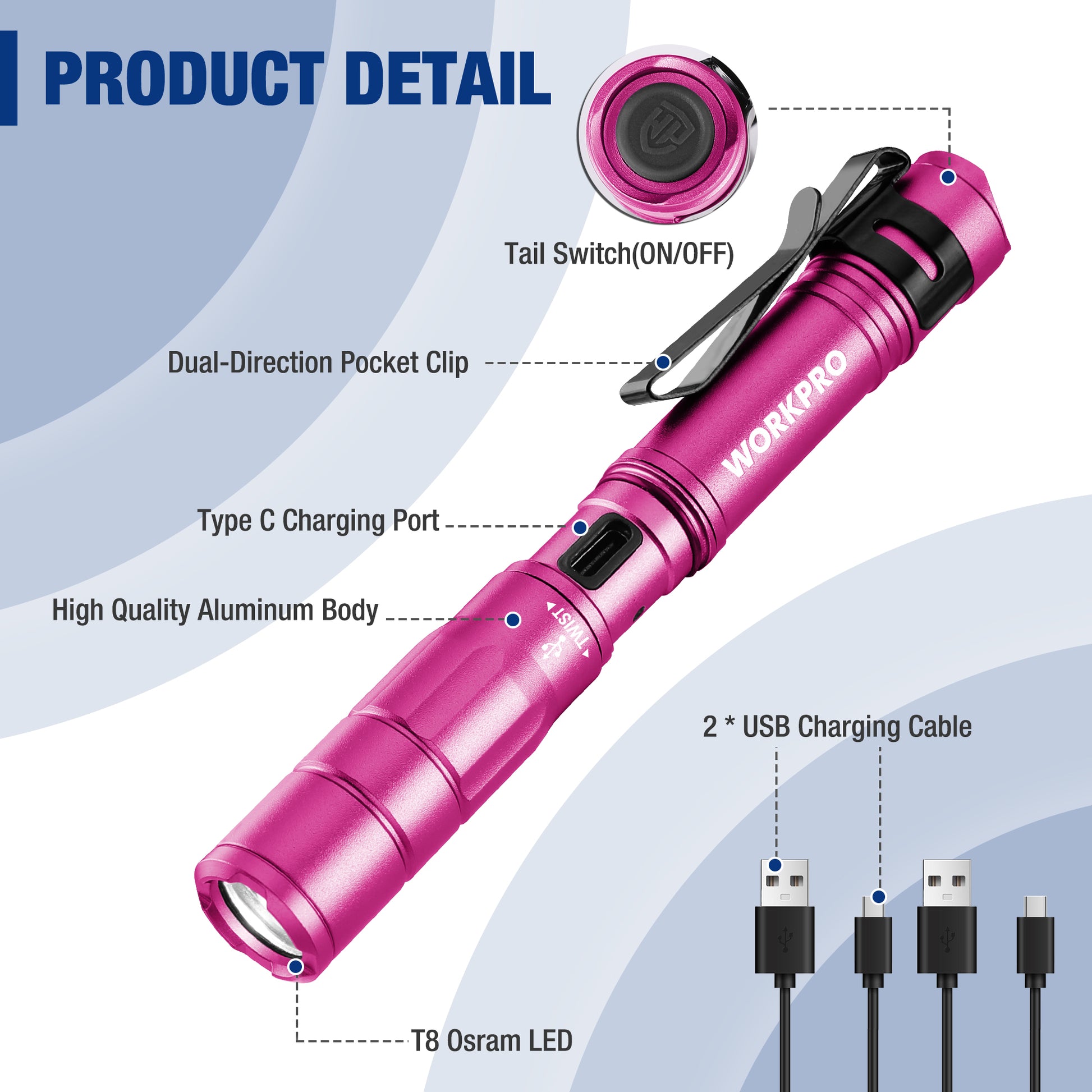 Pink mini pen light details: tail on/off switch, type-C port, includes 2 USB charging cables