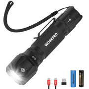 Black tactical mini flashlight with pocket clip, lanyard, and bright white beam