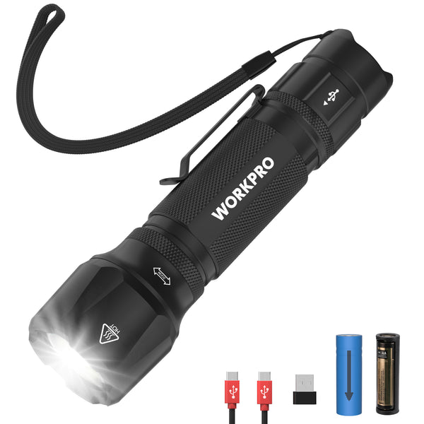 WORKPRO Rechargeable EDC Mini 1200LM Tactical Flashlight with Clip & Lanyard, 7 Light Modes, Zoomable Adjustable Focus, Includes Lithium Battery & Alkaline Battery