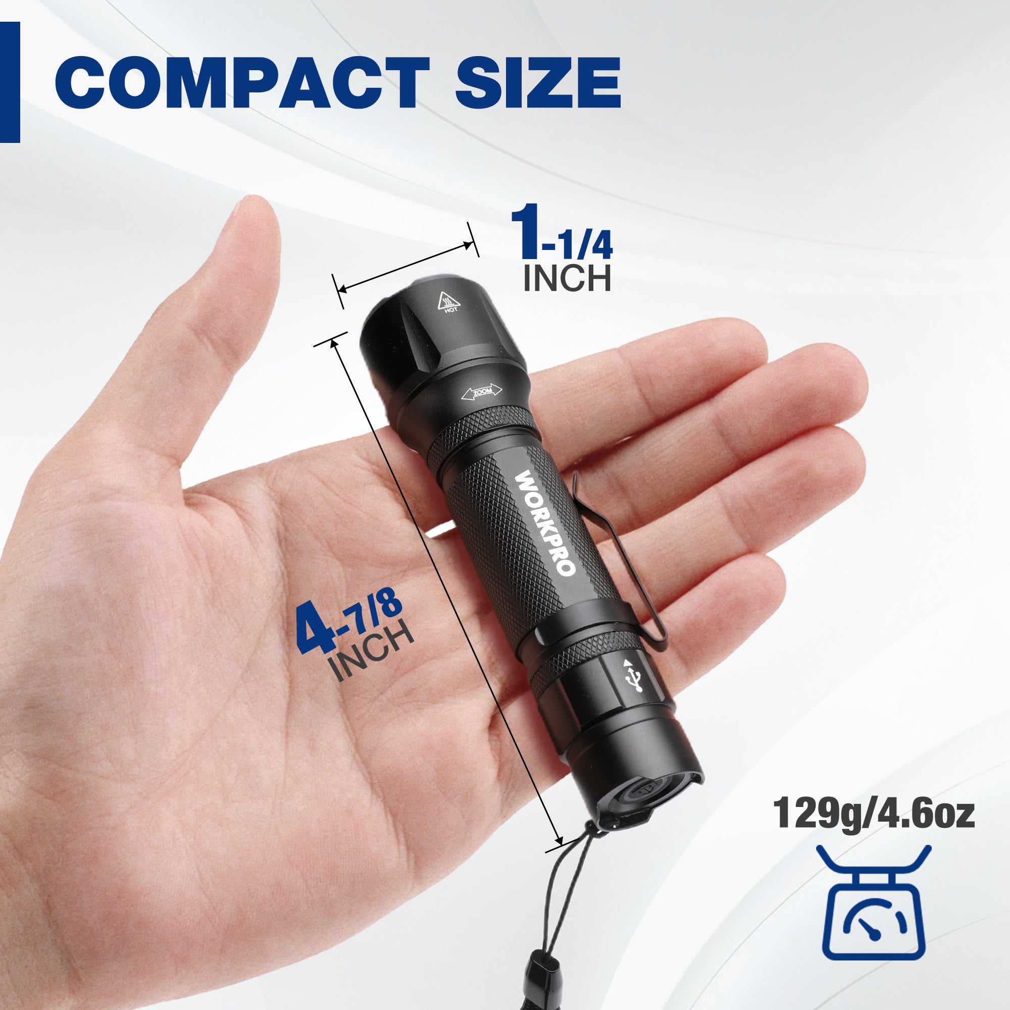 Compact tactical flashlight with textured grip, pocket clip, and attached lanyard