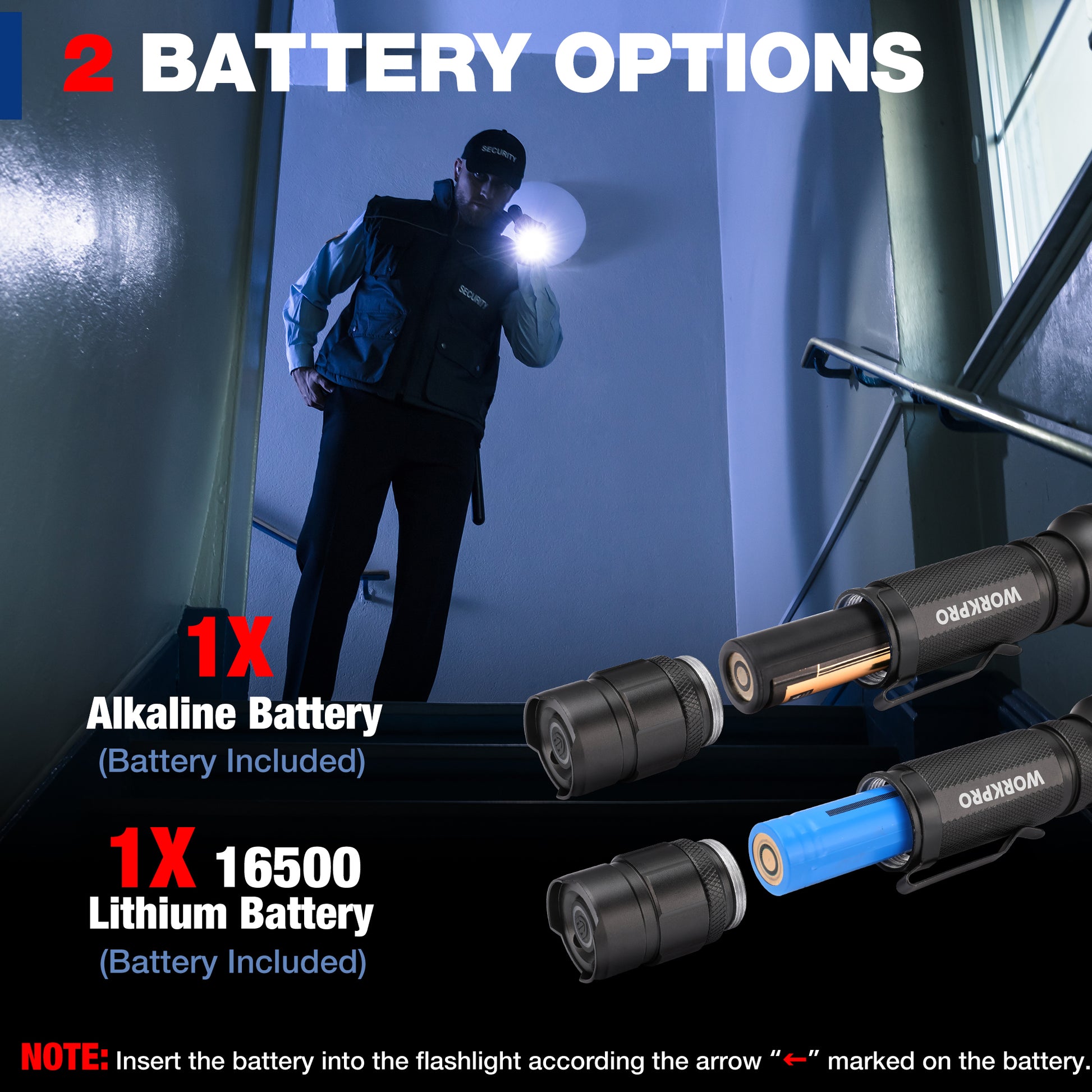 Rechargeable tactical flashlight with included battery options: alkaline and lithium