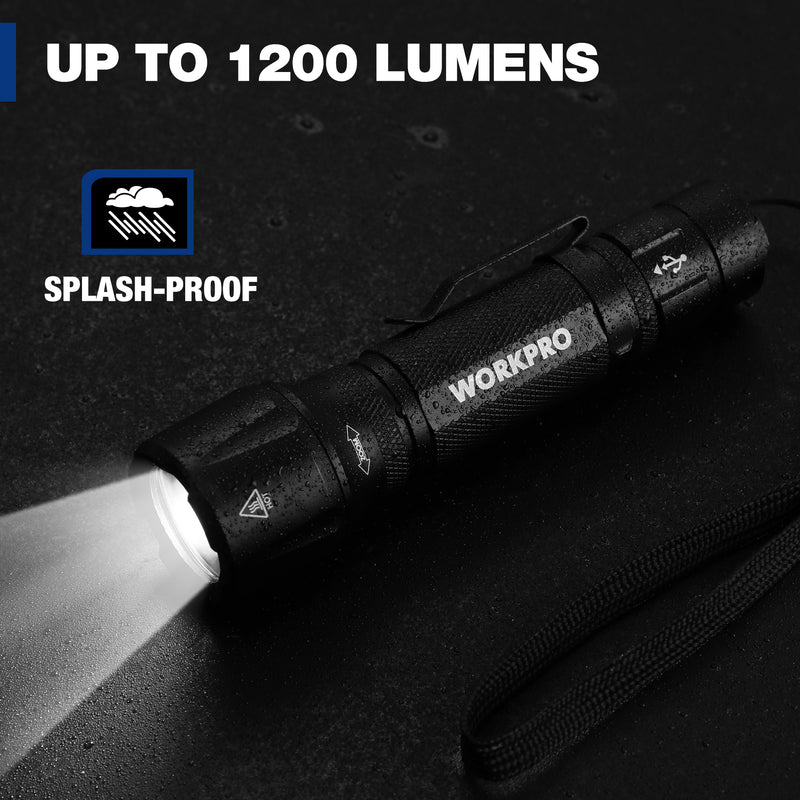 WORKPRO Rechargeable EDC Mini 1200LM Tactical Flashlight with Clip & Lanyard, 7 Light Modes, Zoomable Adjustable Focus, Includes Lithium Battery & Alkaline Battery