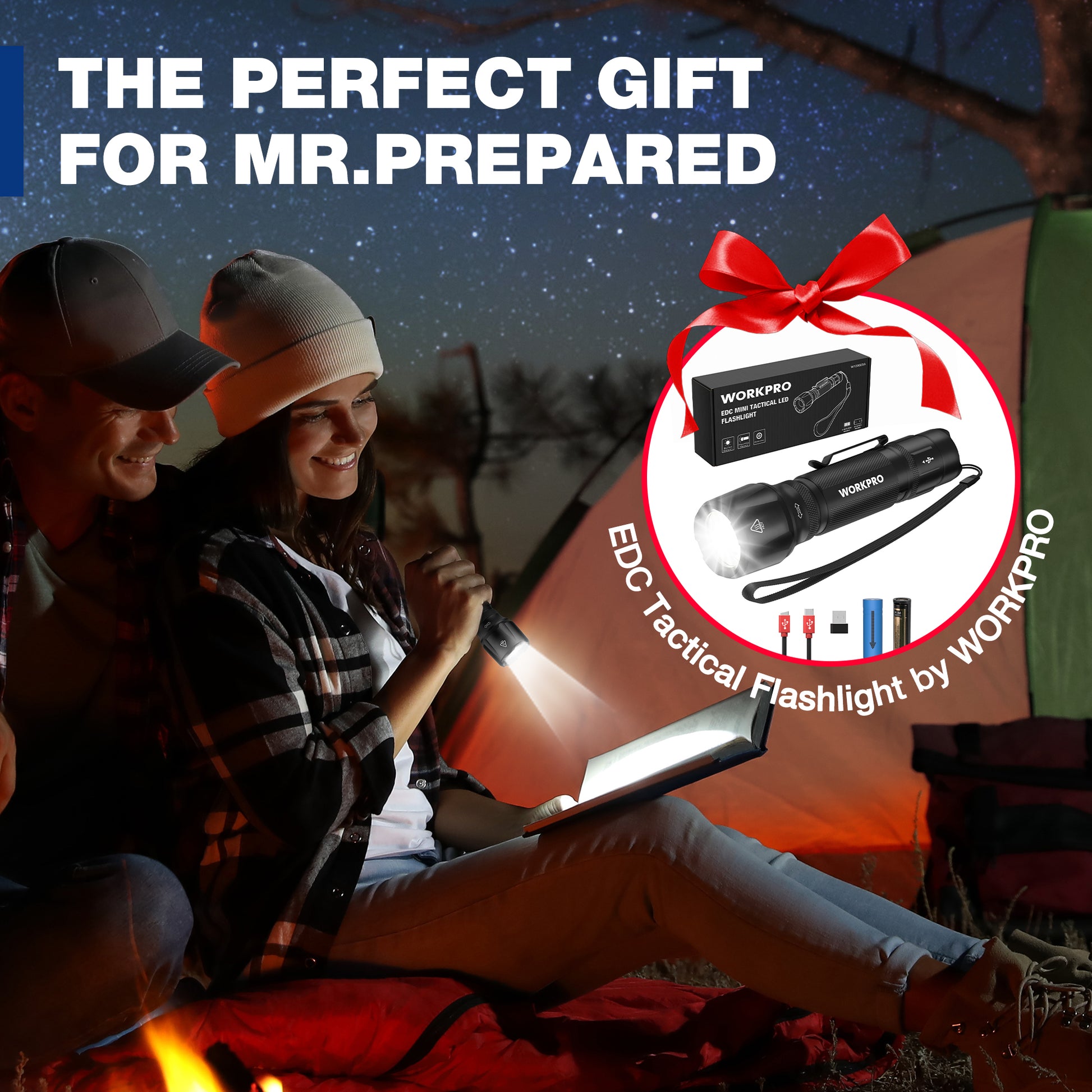 Tactical flashlight gift set with black flashlight, lanyard, and pocket clip