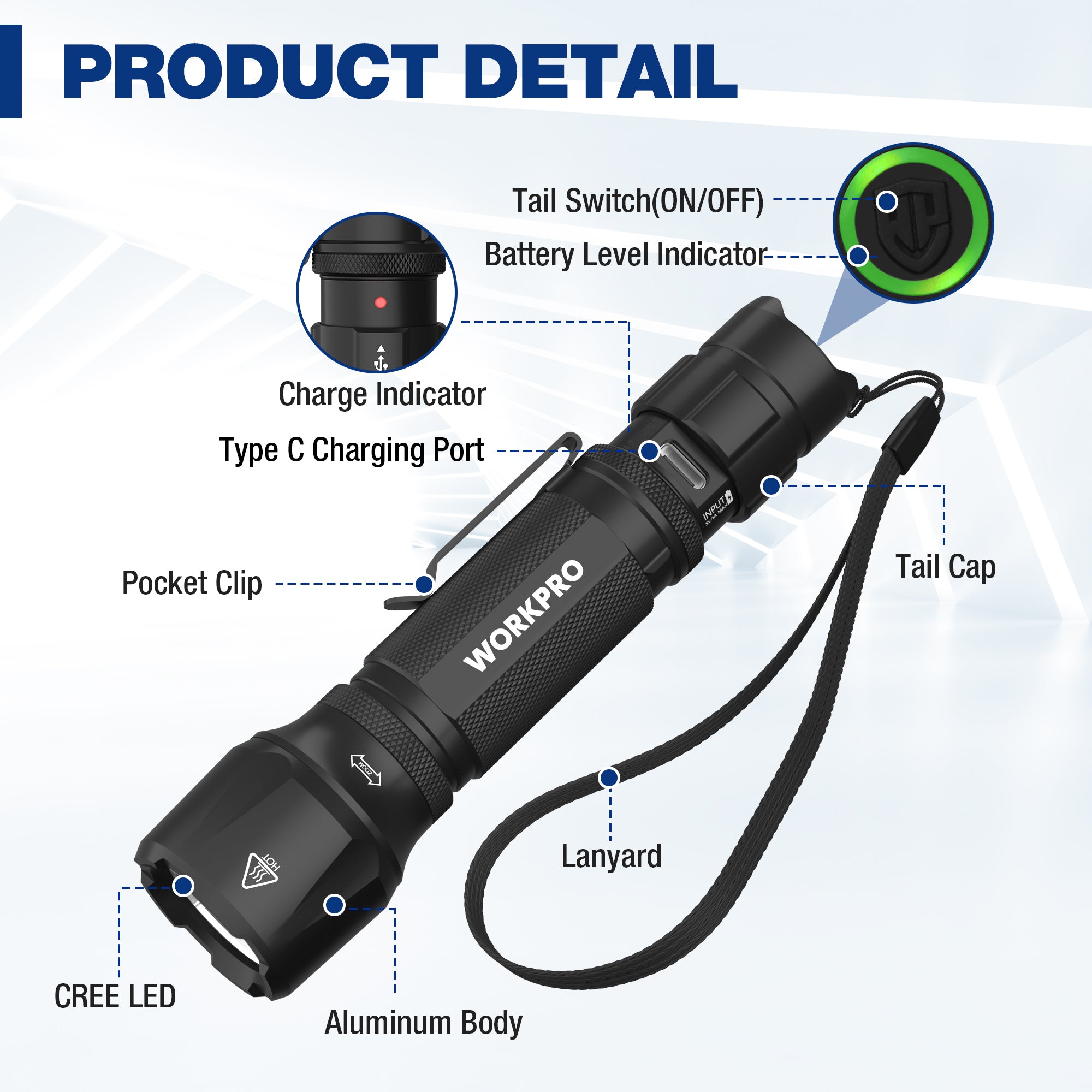 WORKPRO Rechargeable EDC Mini 1200LM Tactical Flashlight with Clip & Lanyard, 7 Light Modes, Zoomable Adjustable Focus, Includes Lithium Battery &