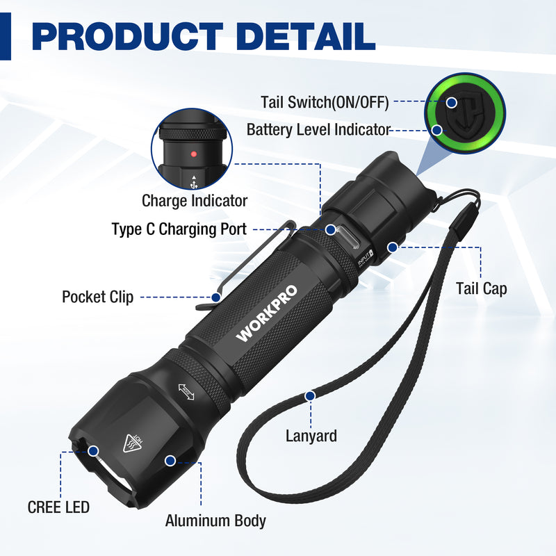 WORKPRO Rechargeable EDC Mini 1200LM Tactical Flashlight with Clip & Lanyard, 7 Light Modes, Zoomable Adjustable Focus, Includes Lithium Battery & Alkaline Battery