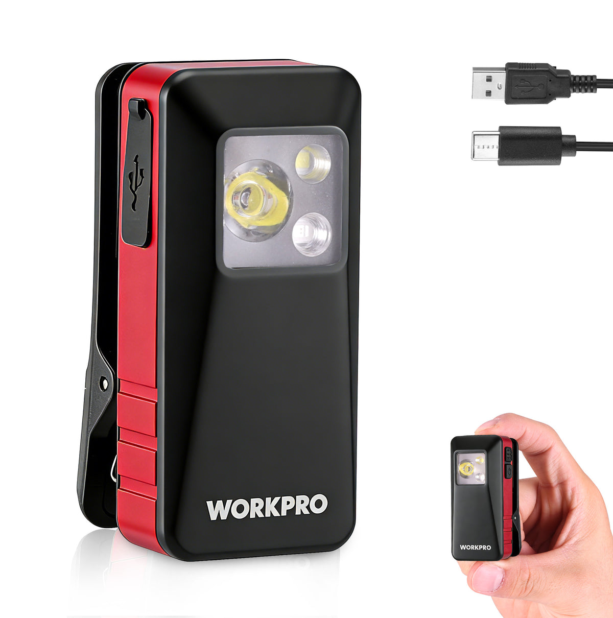 Workpro EDC clip-on flashlight in red with aluminum alloy construction and magnetic mounting for hands-free use.