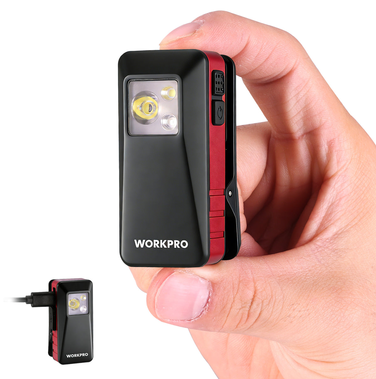 Workpro EDC clip-on flashlight in red with aluminum alloy construction and eight lighting modes.