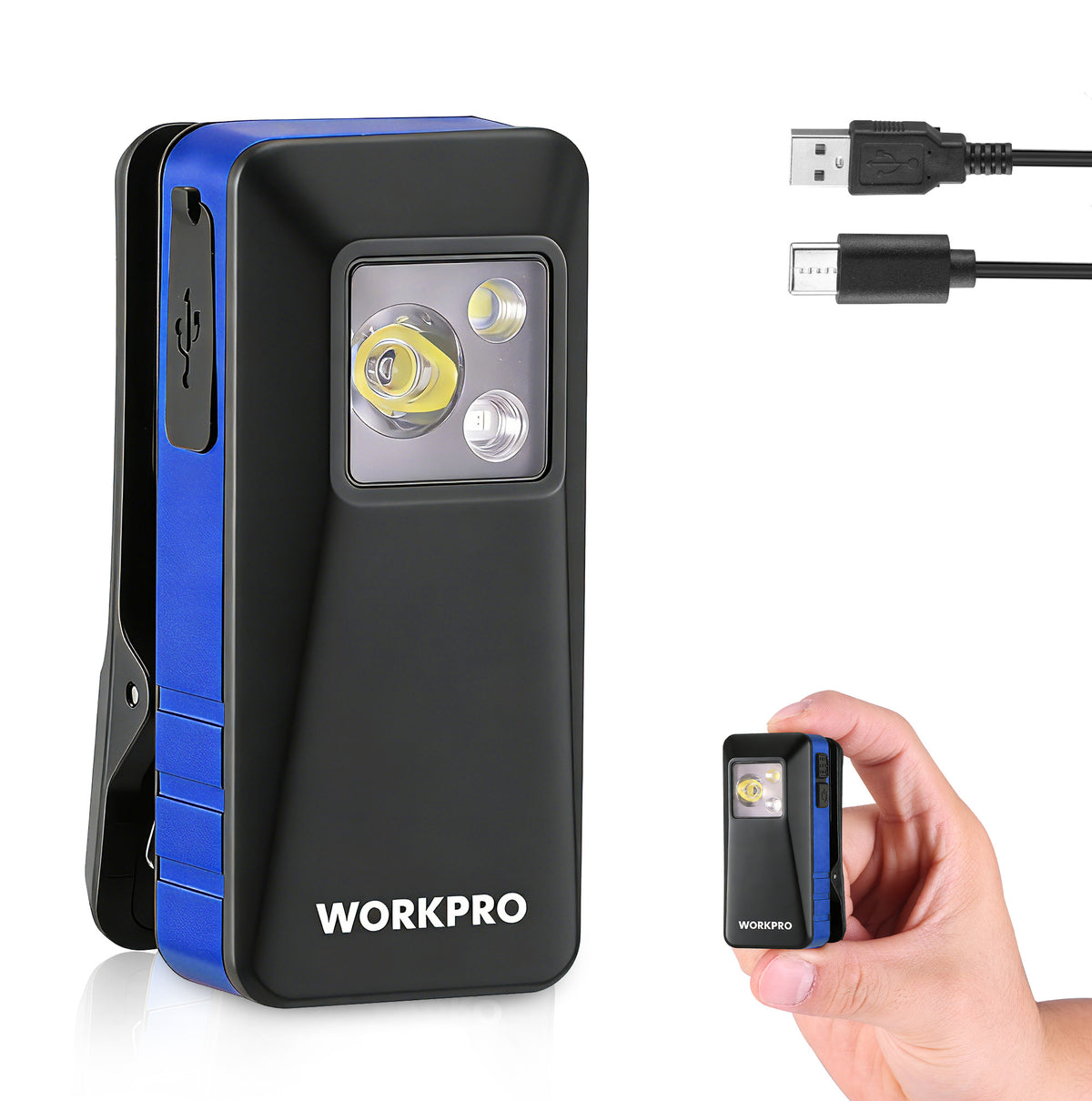 Workpro EDC clip-on light in blue with aluminum alloy construction and eight lighting modes for emergencies.