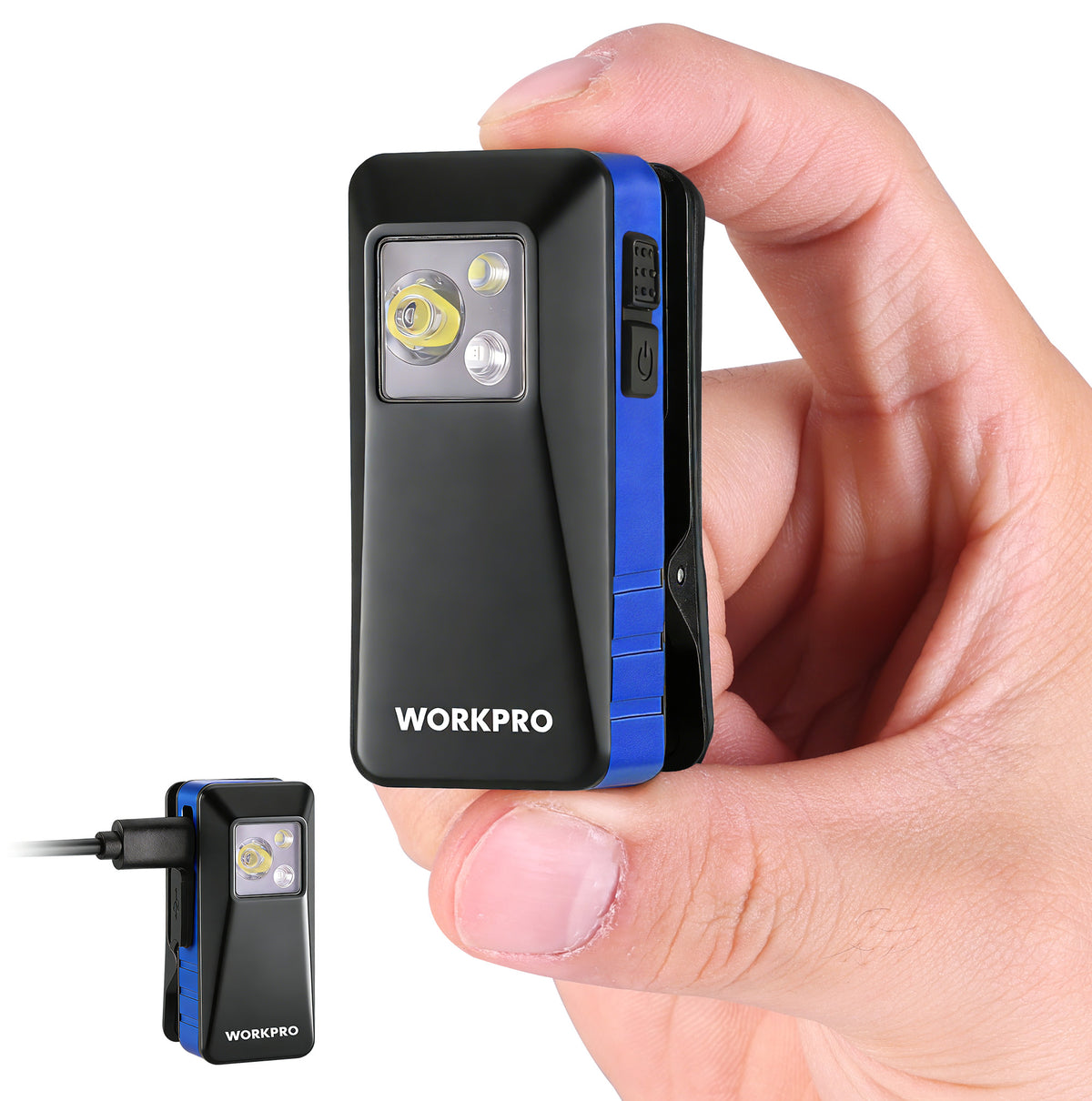 Workpro EDC clip-on light in blue with aluminum alloy construction for hands-free lighting.