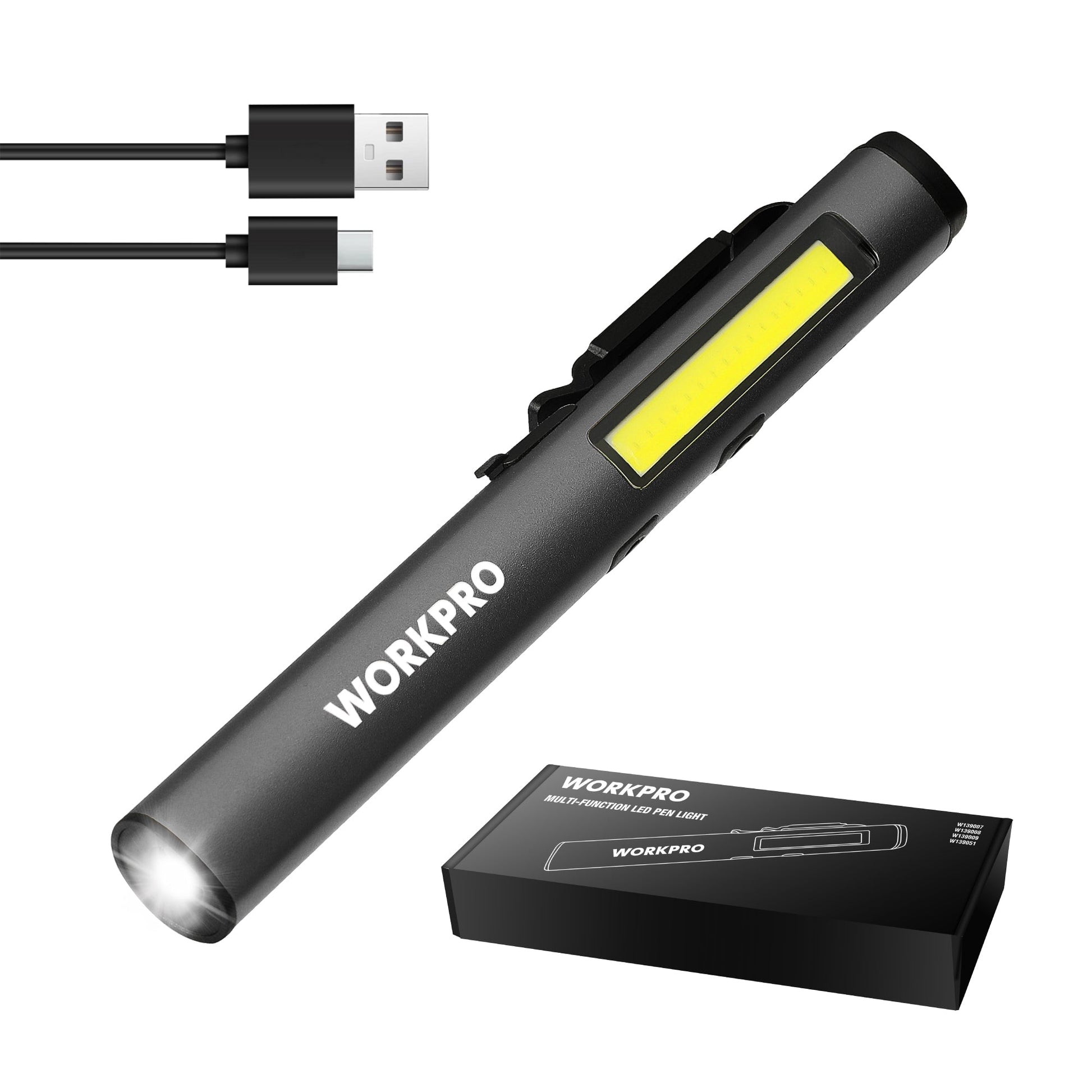 WORKPRO pocket pen flashlight in dark gray with yellow light bar and USB charging cable