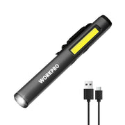 WORKPRO dark gray pen flashlight with bright yellow light window, charging cable included