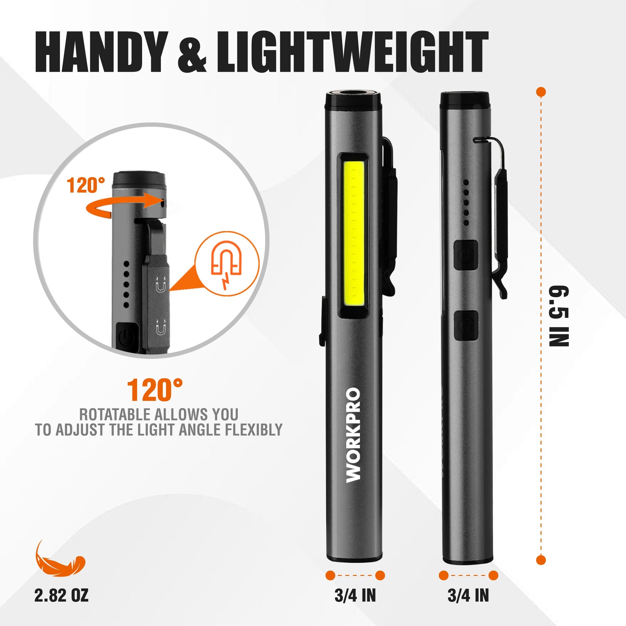WORKPRO slim pen flashlight with yellow LED bar and rotatable clip, shown front and side