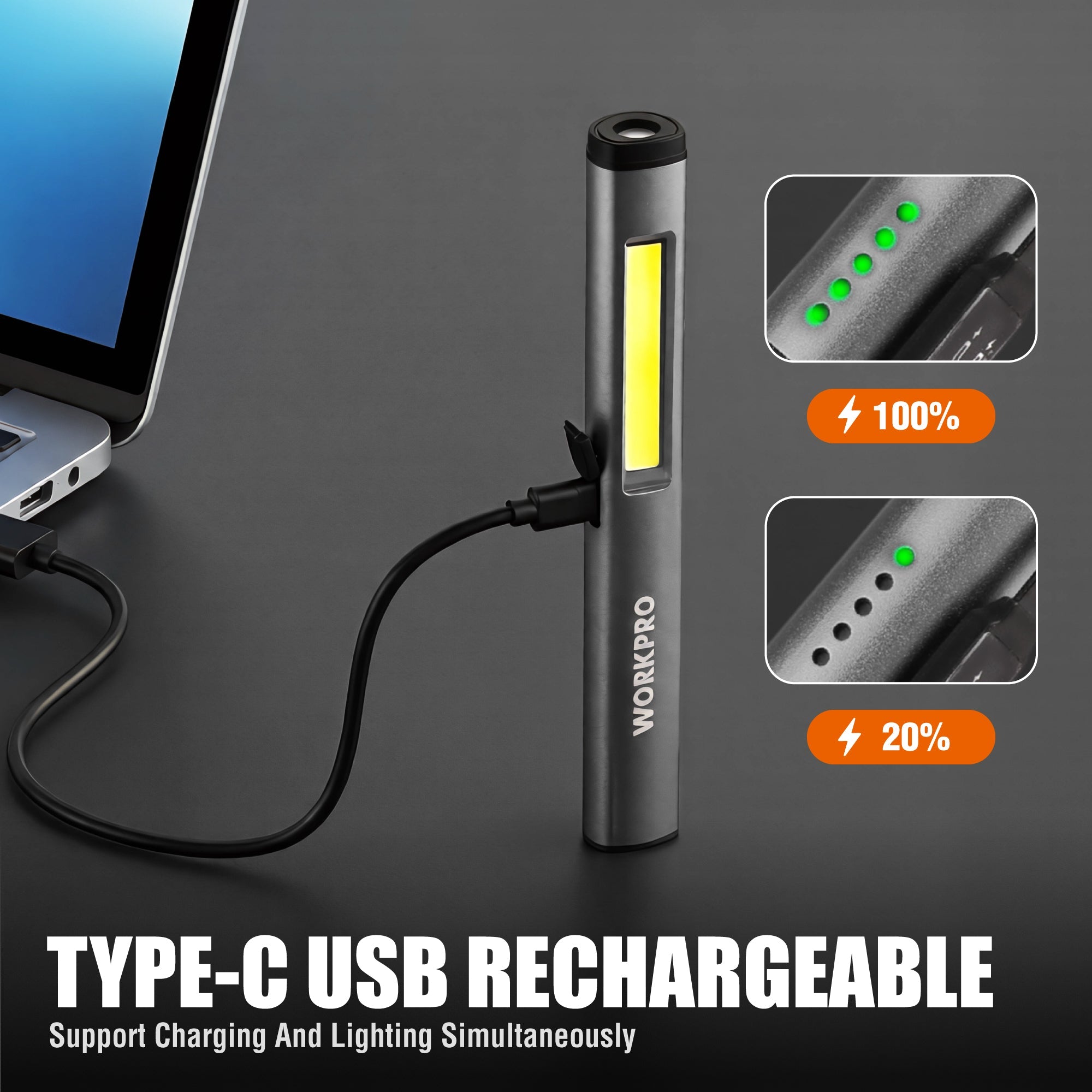 WORKPRO Type-C rechargeable pen flashlight with yellow LED bar and charging indicator dots