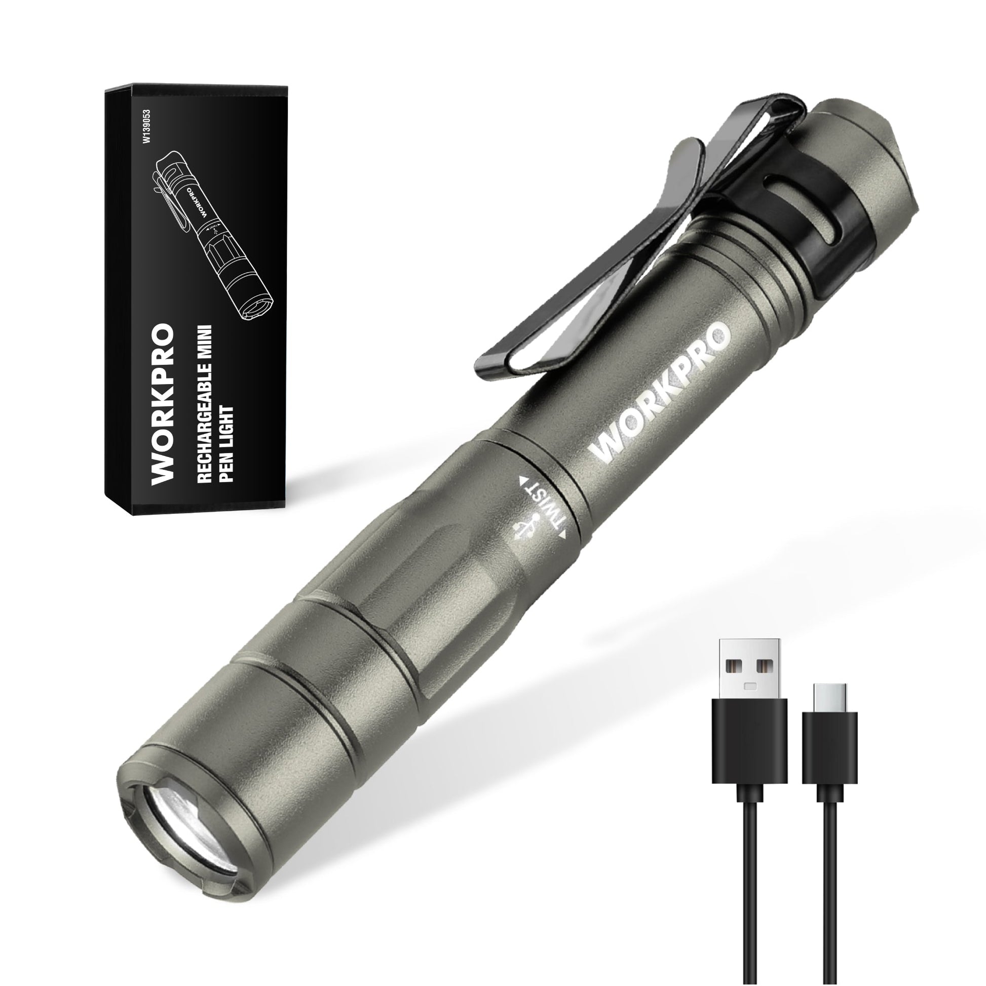 Gray rechargeable pen flashlight with pocket clip, lanyard loop, and metal body.