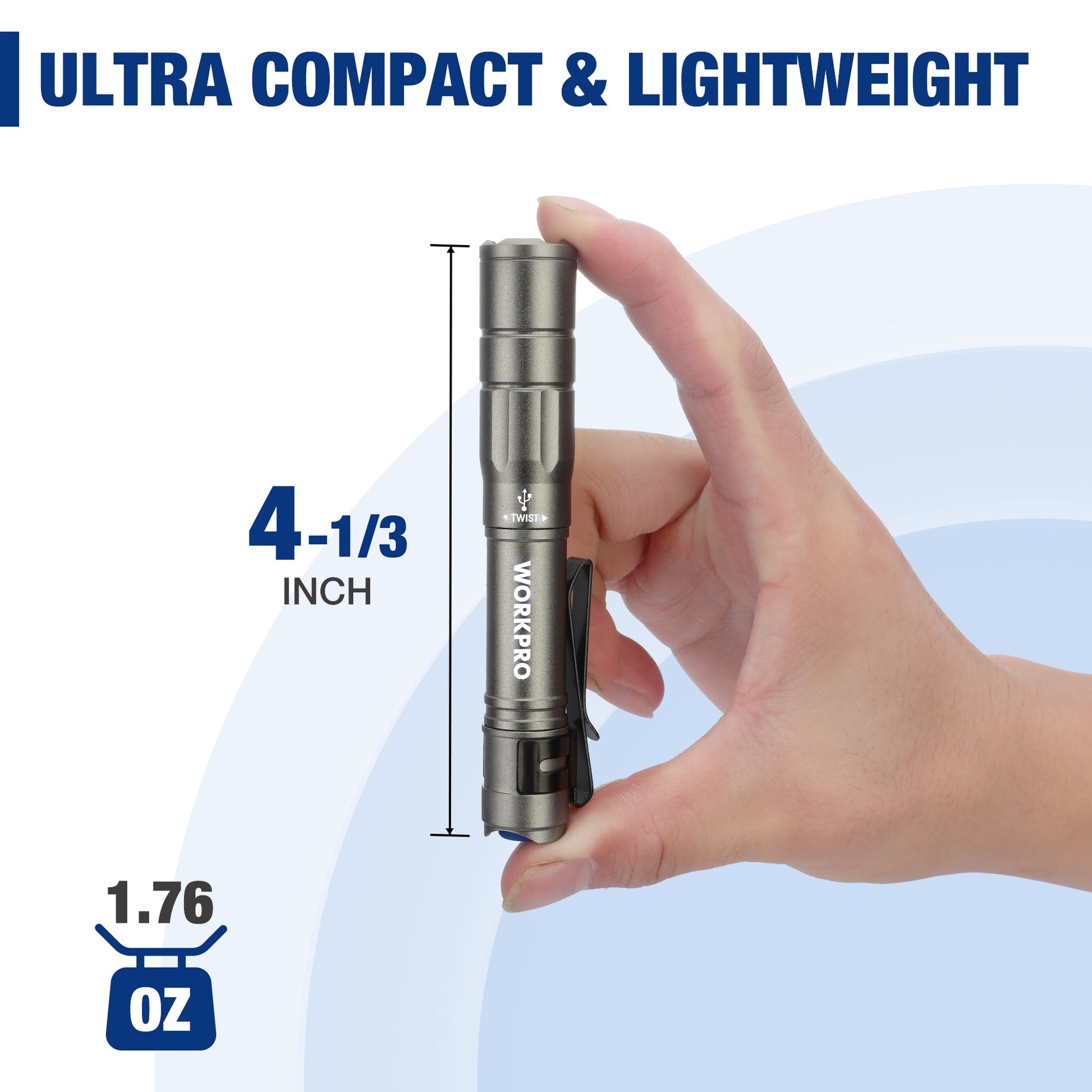 Gray compact rechargeable pen flashlight held in hand, lens end and button visible.
