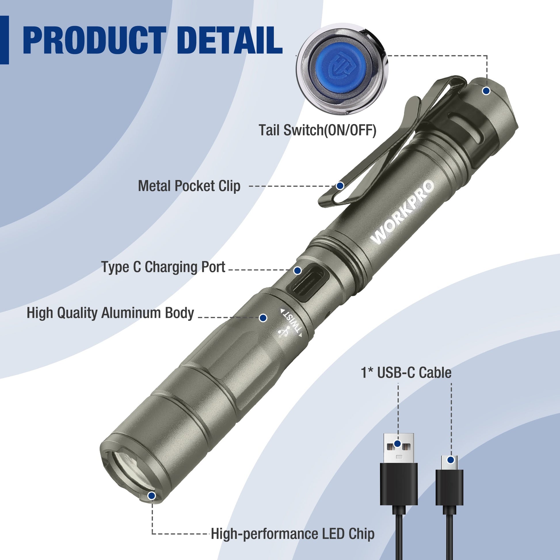 Gray pen flashlight close-up: tail switch, metal pocket clip, and USB-C charging port.