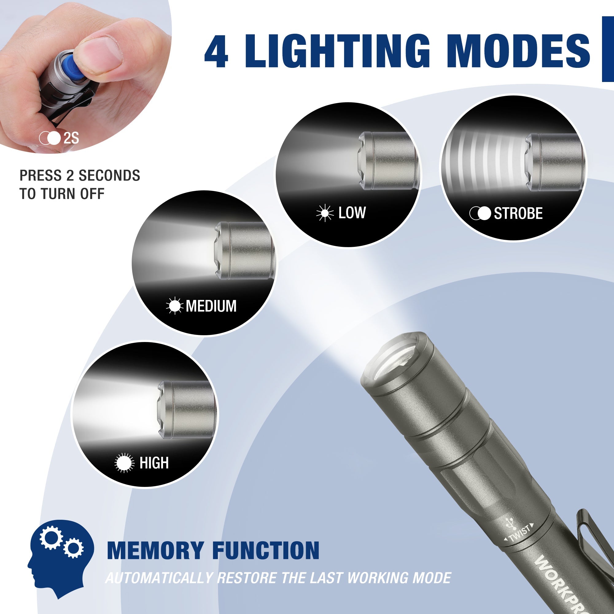 Gray rechargeable pen flashlight with textured grip and side switch, modes shown.