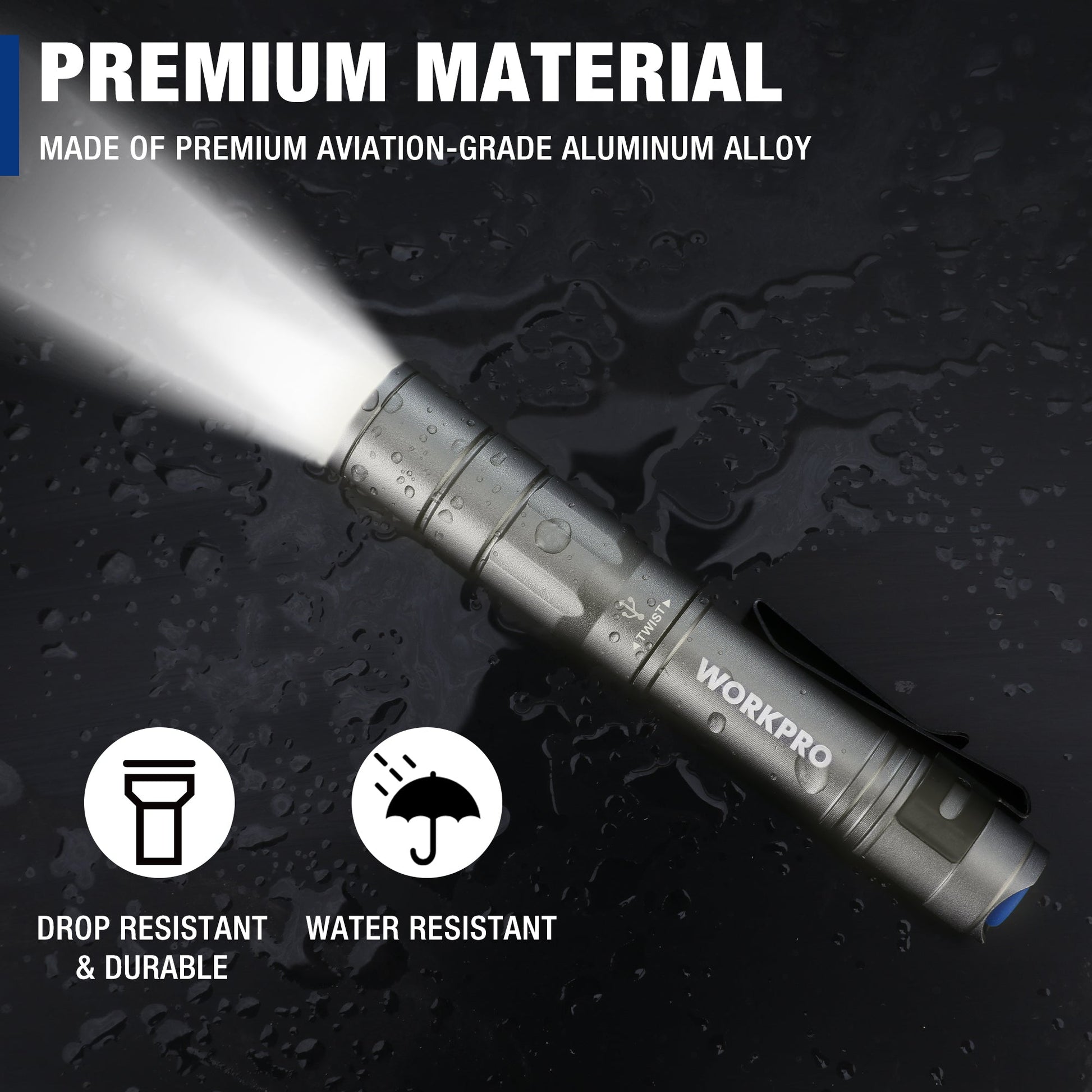 Gray aluminum penlight with sealed head and ribbed grip, water- and drop-resistance icons.