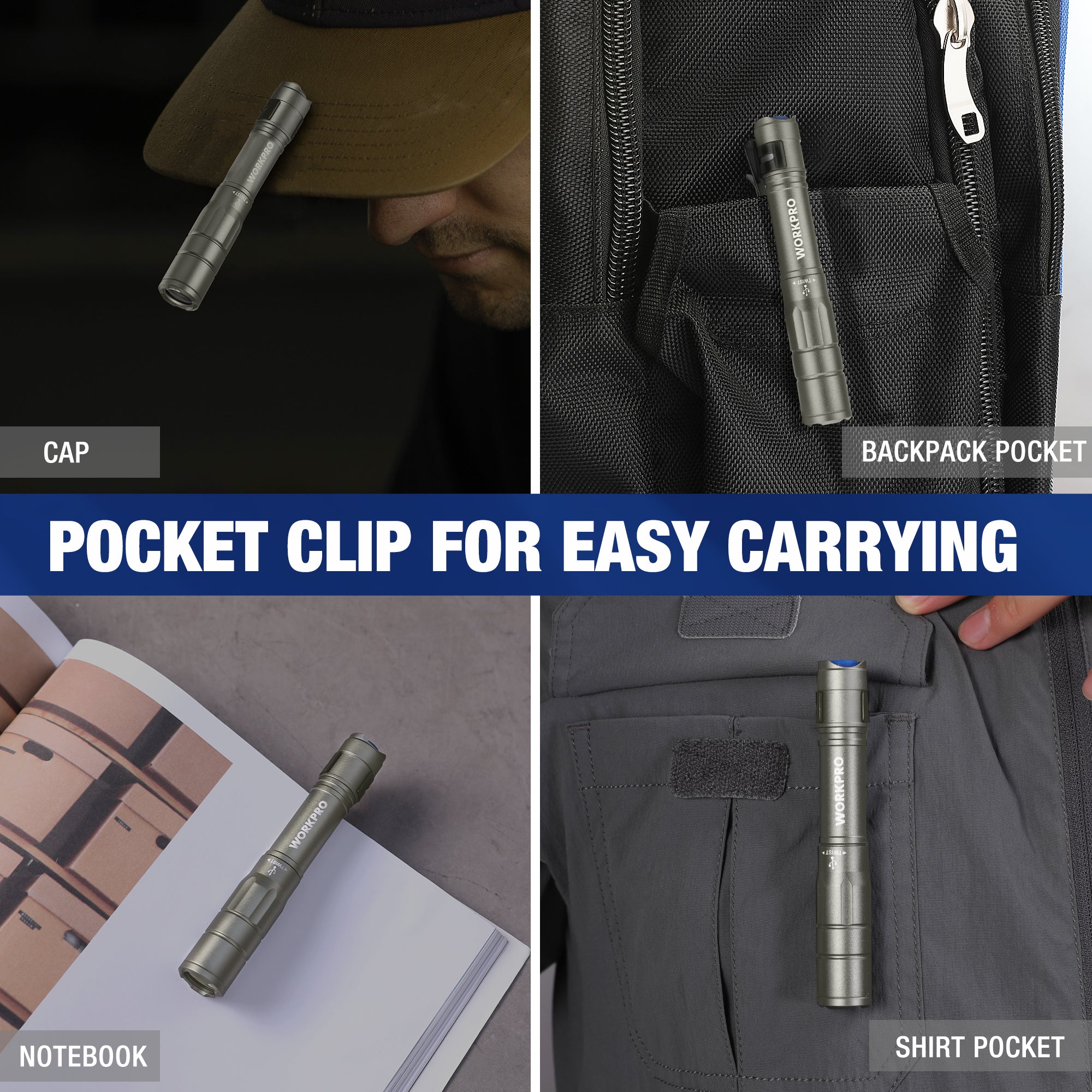 Gray pocket penlight clipped for easy carry in backpack pocket and shirt pocket.