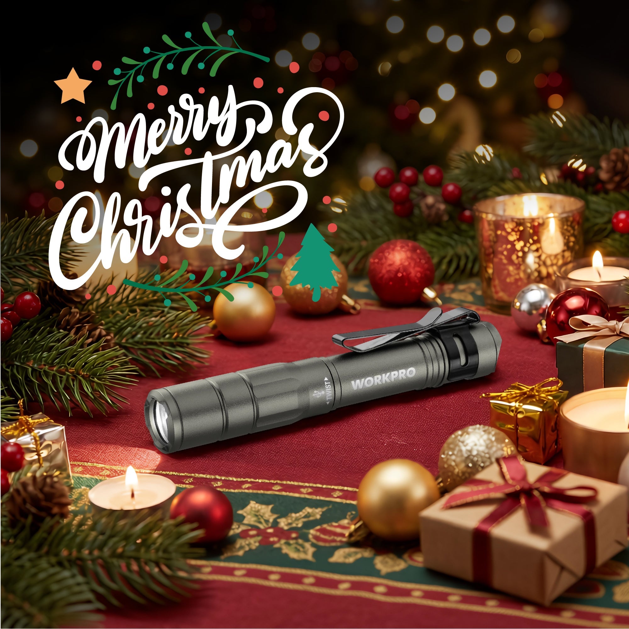 Gray rechargeable pen flashlight resting on a holiday gift and candle scene.