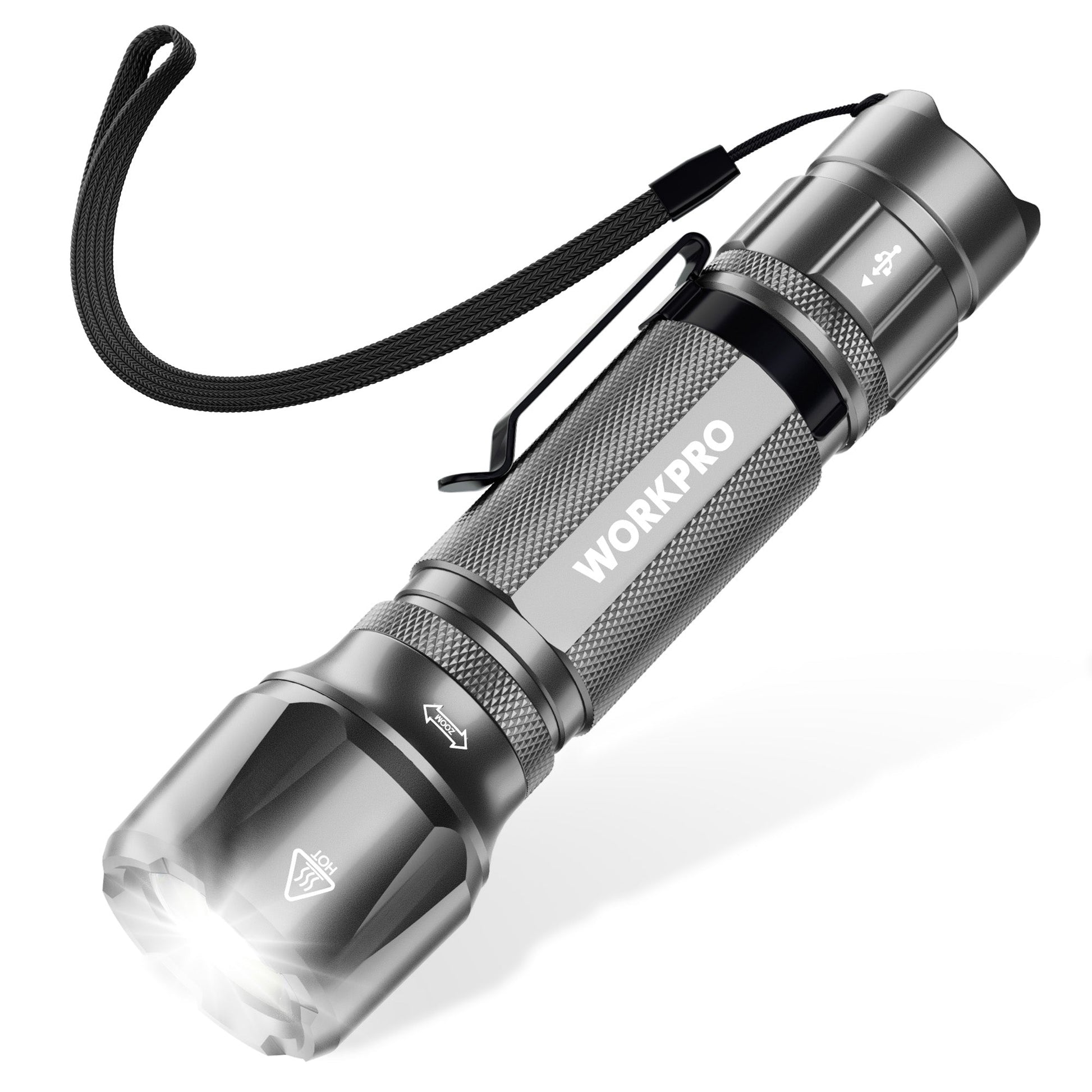 Gray tactical LED mini flashlight with lanyard, textured grip, and zoomable head