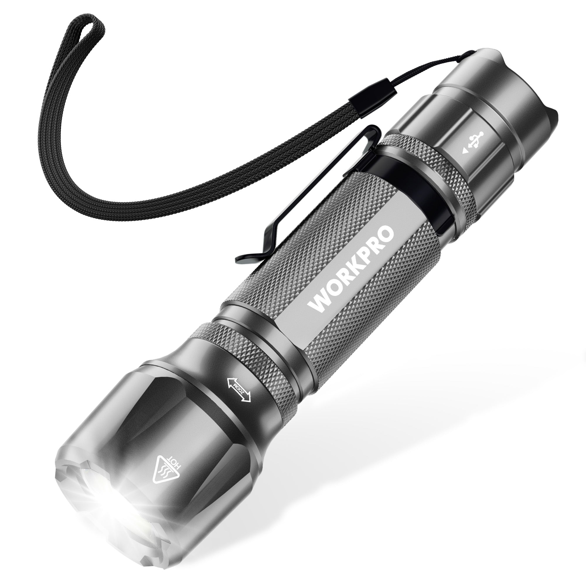 Gray tactical LED mini flashlight with lanyard, textured grip, and zoomable head