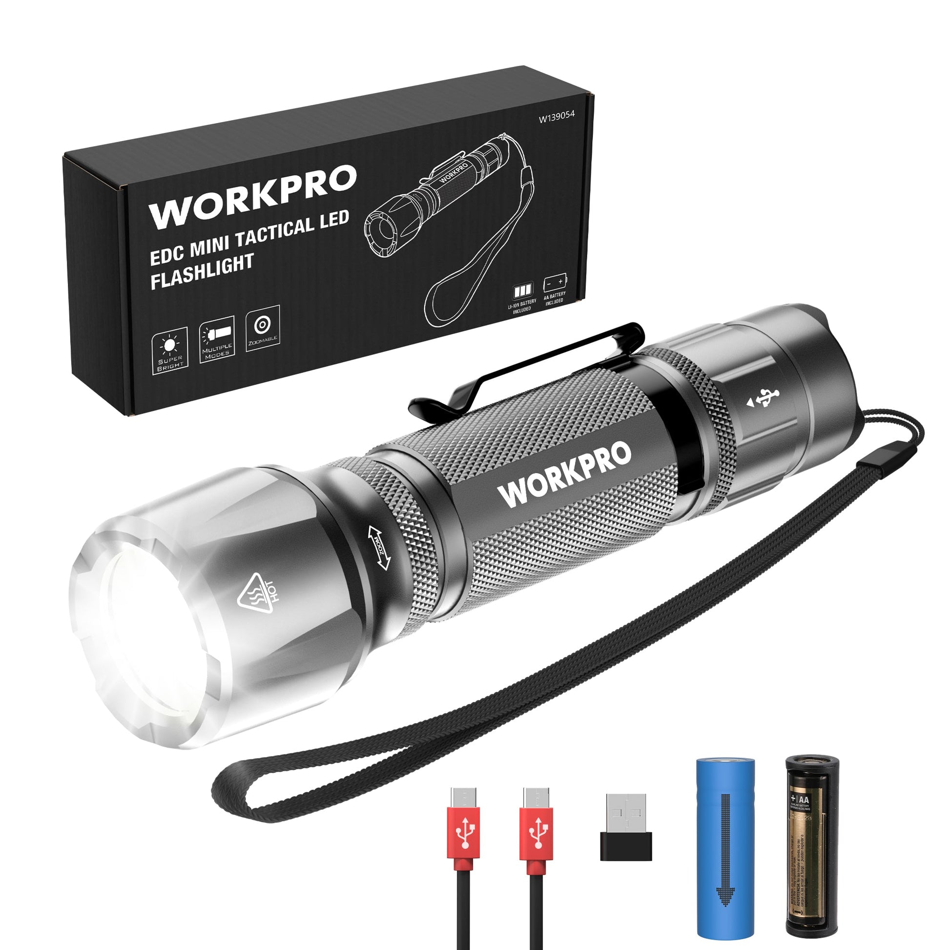 Gray rechargeable tactical LED flashlight with lanyard strap and zoom focus head