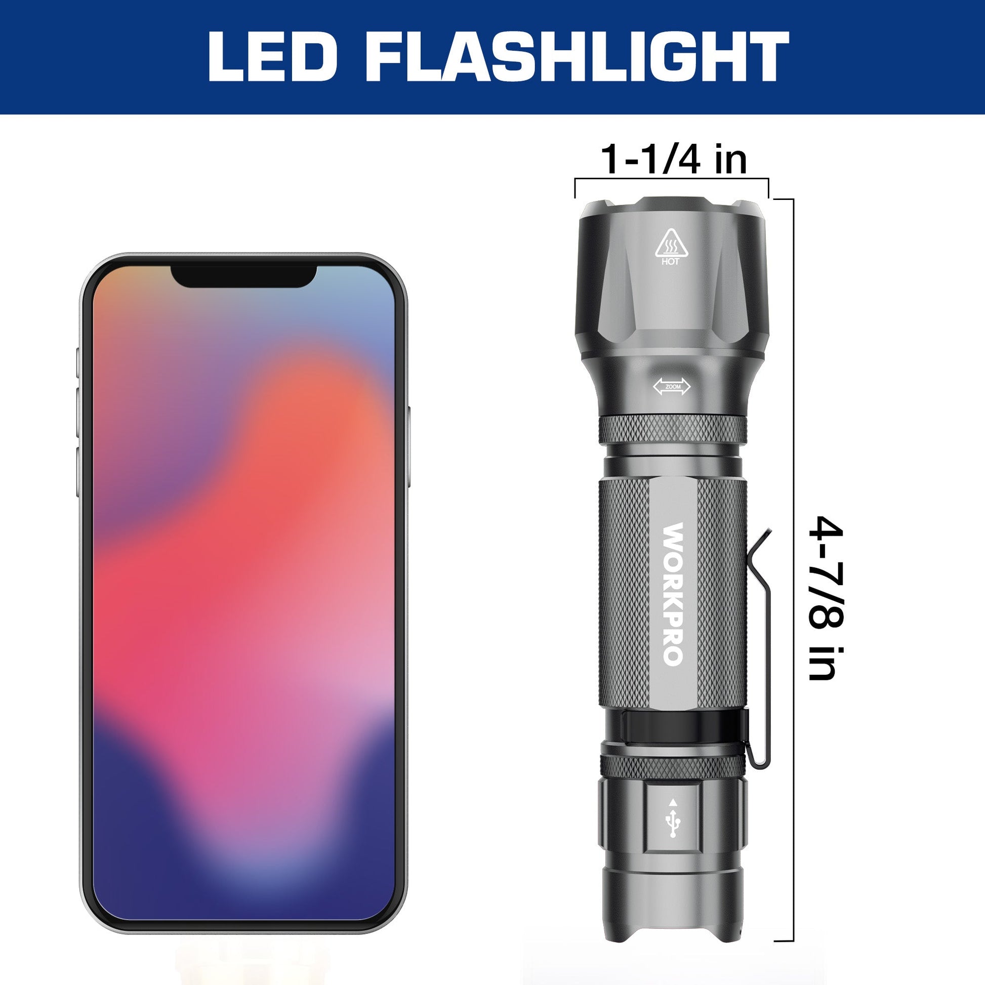 Gray LED tactical flashlight with zoomable head, tail cap, and pocket clip