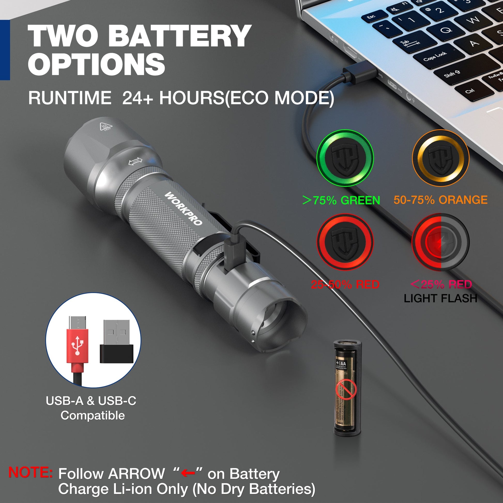 Gray tactical flashlight with USB-A and USB-C charging and included battery