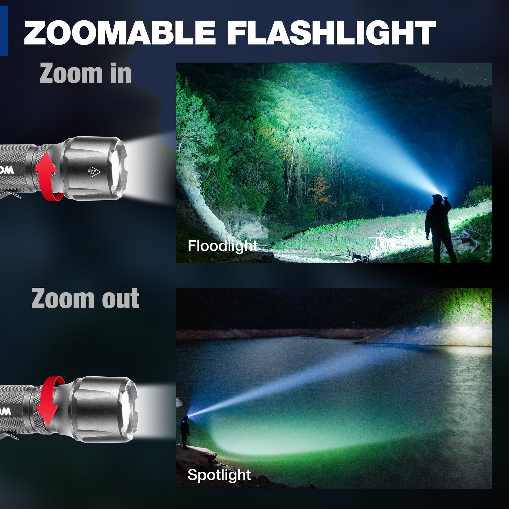 Gray zoomable tactical LED flashlight showing floodlight and spotlight beam